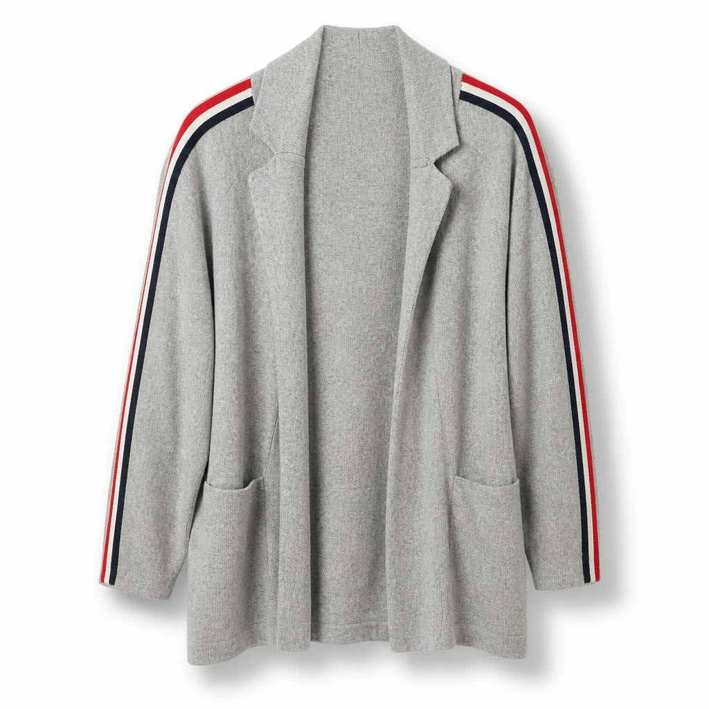 Rockport Grey Open Cardigan W/ Stripe Detail - pre-loved at Why Go Less, Lebanon