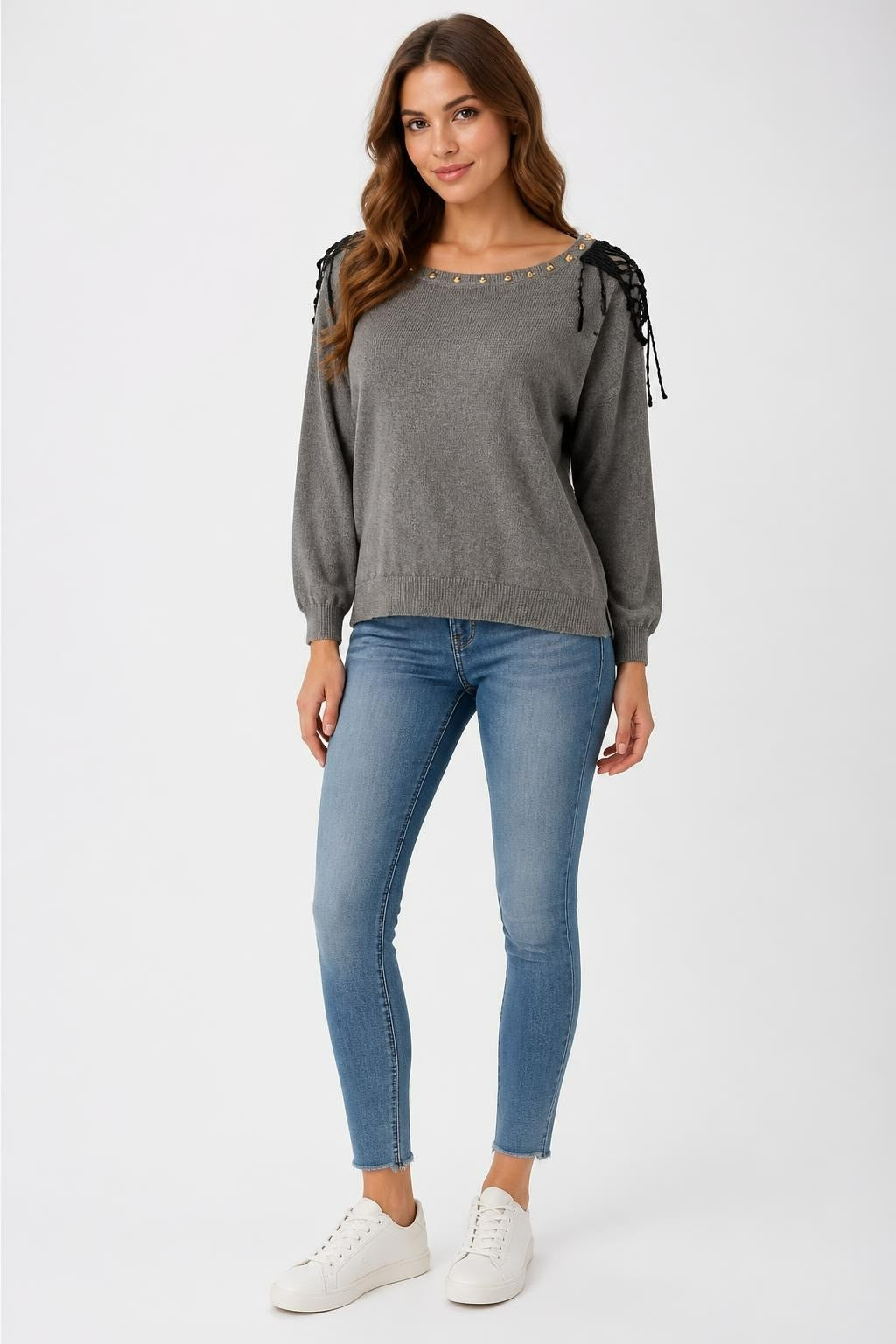 Grey Knit Sweater W/ Lace Shoulders & Studs - pre-loved at Why Go Less, Lebanon