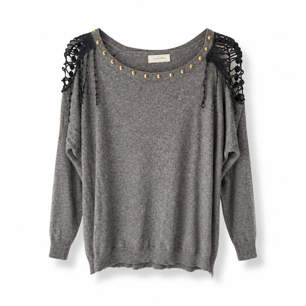 Grey Knit Sweater W/ Lace Shoulders & Studs - pre-loved at Why Go Less, Lebanon