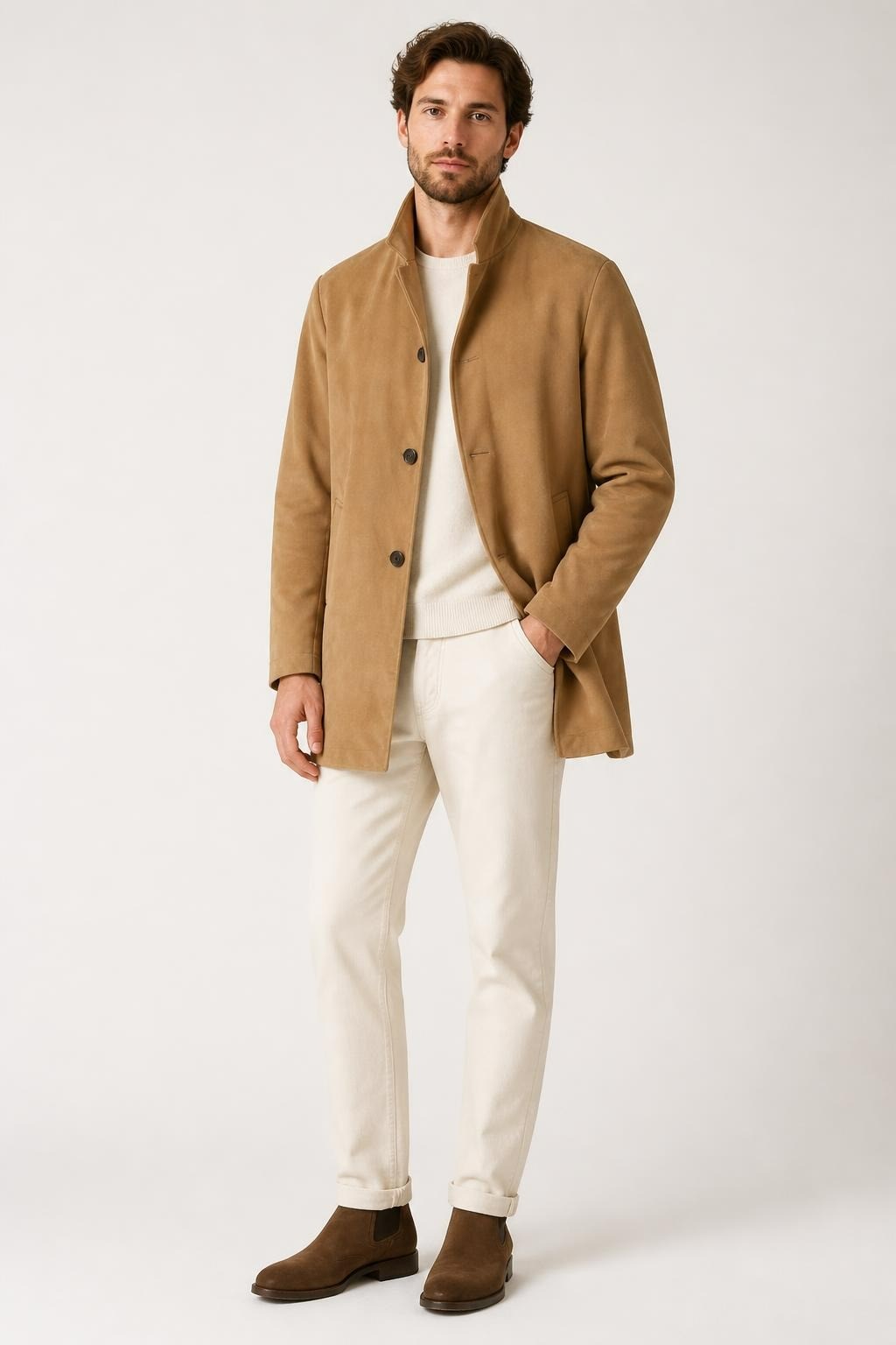 Camel Suede-look Structured Coat with Buttons - pre-loved at Why Go Less, Lebanon