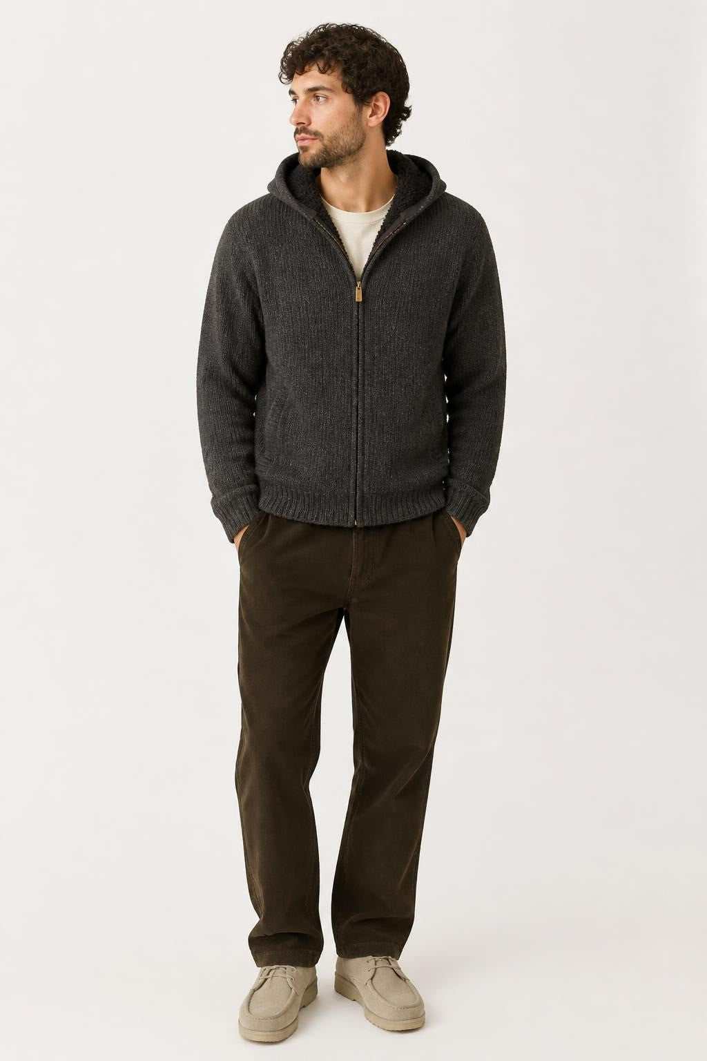 Grey Sherpa-lined Zip Hoodie Sweater - pre-loved at Why Go Less, Lebanon