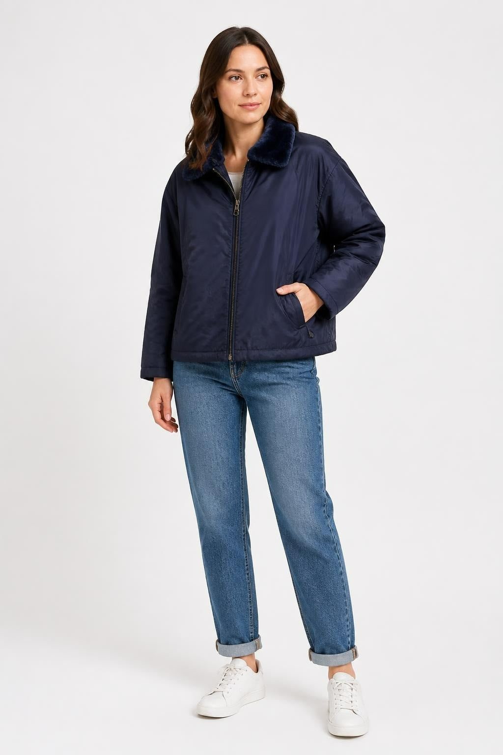 HDX Navy Puffer Jacket Faux Fur Collar - pre-loved at Why Go Less, Lebanon