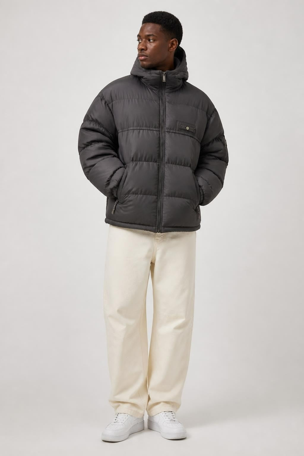 Grey Hooded Puffer Jacket Oversized - pre-loved at Why Go Less, Lebanon
