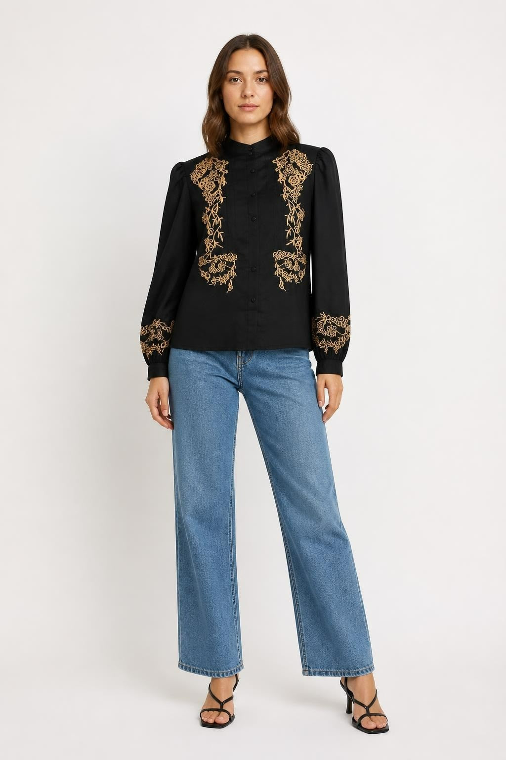 Black Blouse with Gold Floral Embroidery - pre-loved at Why Go Less, Lebanon