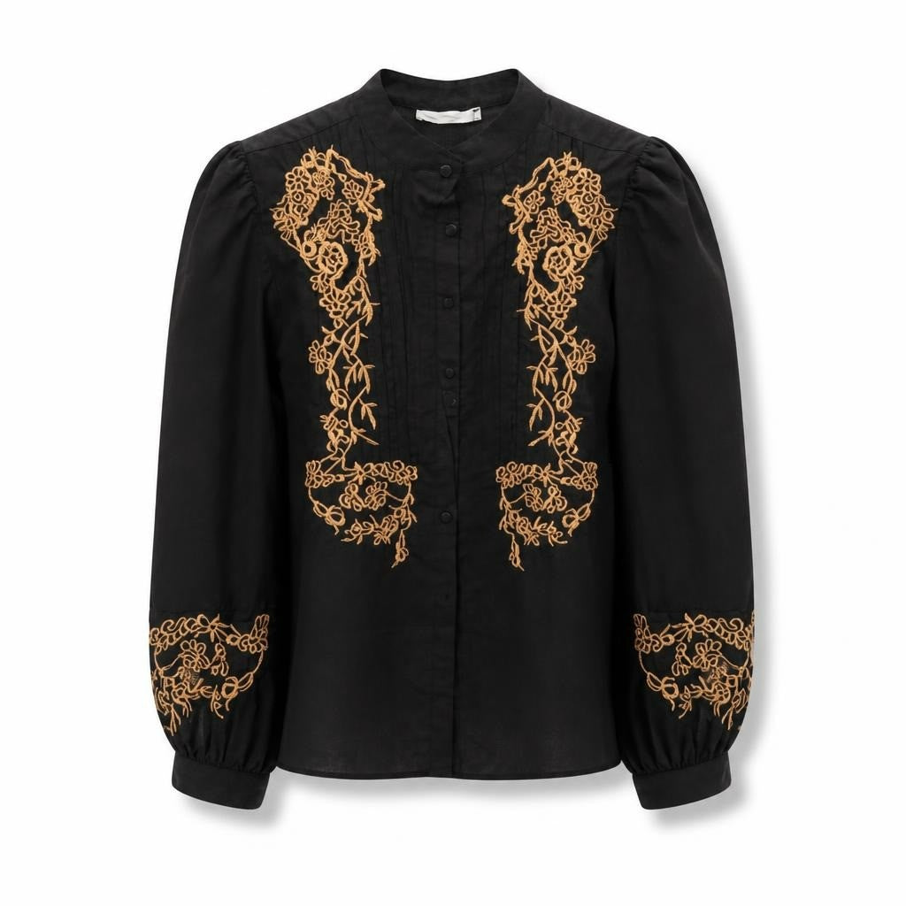 Black Blouse with Gold Floral Embroidery - pre-loved at Why Go Less, Lebanon