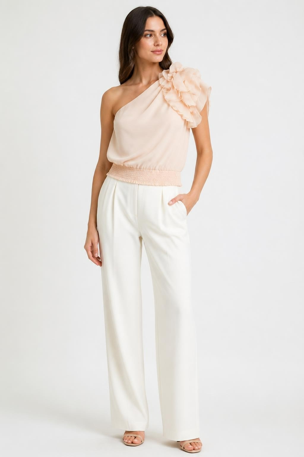 One-shoulder Ruffle Chiffon Top, Blush Pink - pre-loved at Why Go Less, Lebanon