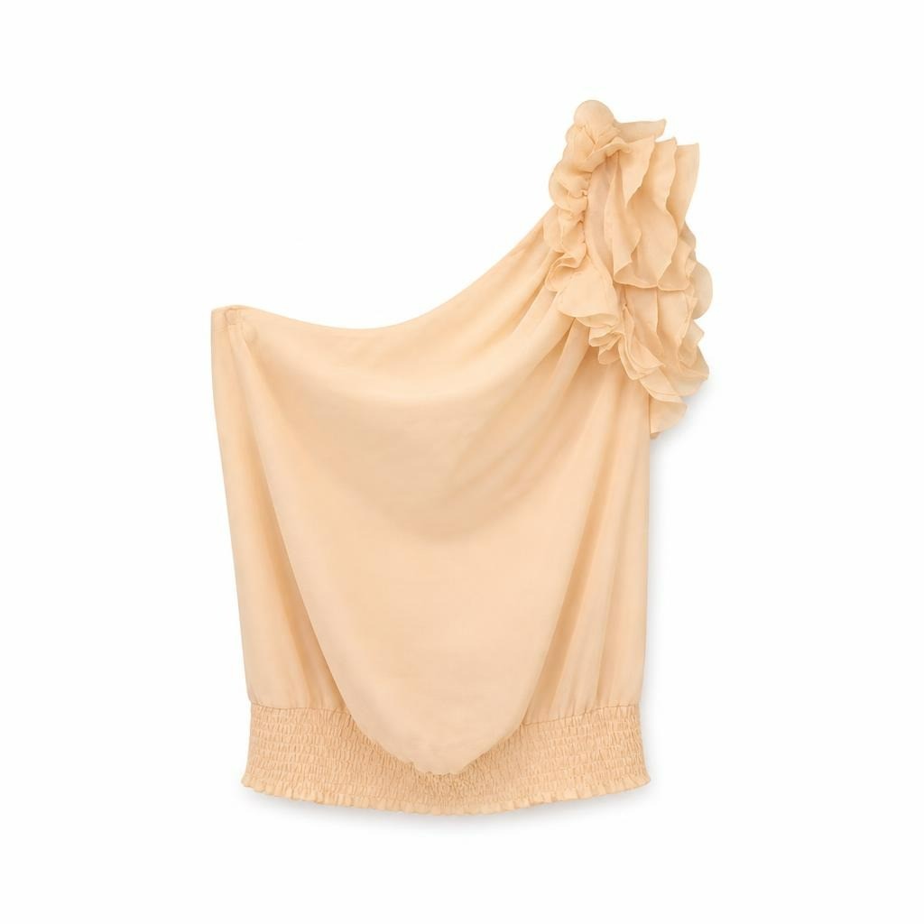 One-shoulder Ruffle Chiffon Top, Blush Pink - pre-loved at Why Go Less, Lebanon