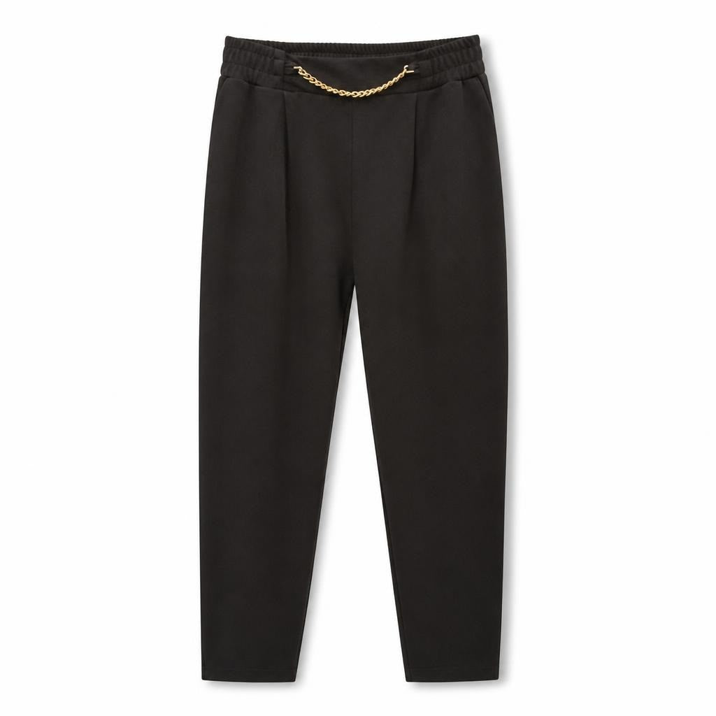 Black Tapered Trousers with Gold Chain Detail - pre-loved at Why Go Less, Lebanon