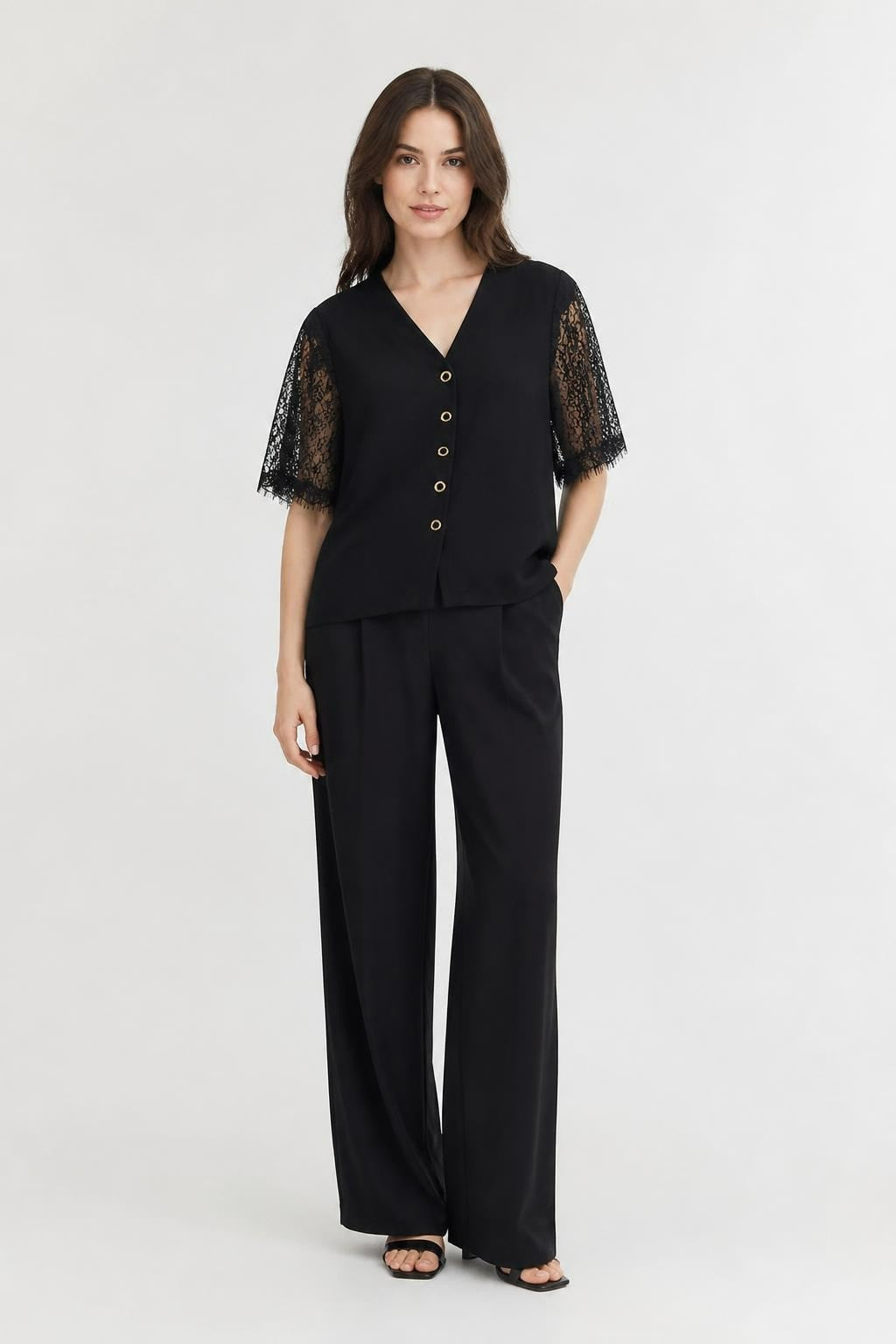 Black Lace-sleeve Button-up Blouse - pre-loved at Why Go Less, Lebanon