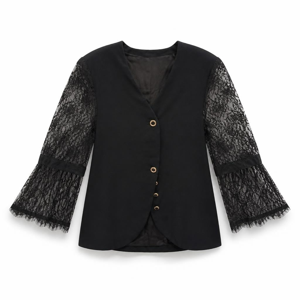Black Lace-sleeve Button-up Blouse - pre-loved at Why Go Less, Lebanon