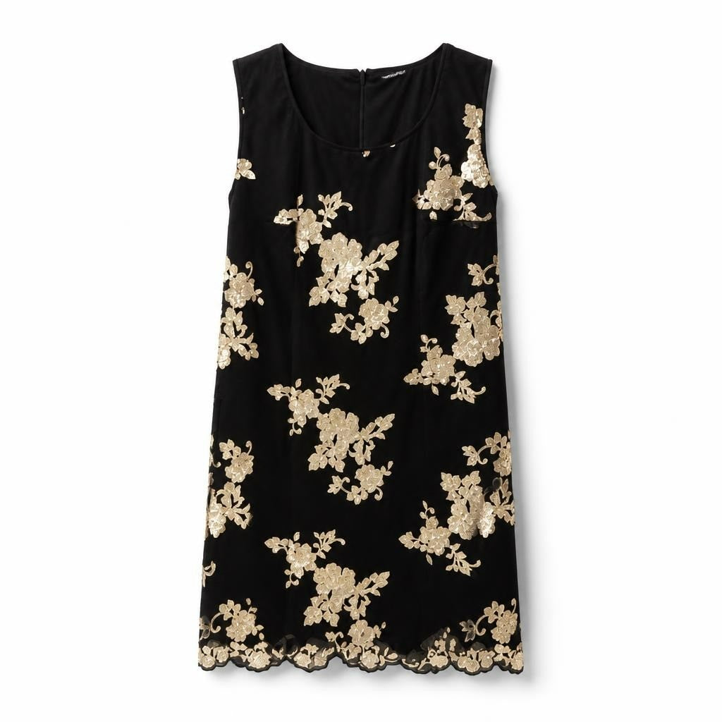 Black Sleeveless Shift Dress with Gold Sequin Floral Applique - at Why Go Less, Lebanon