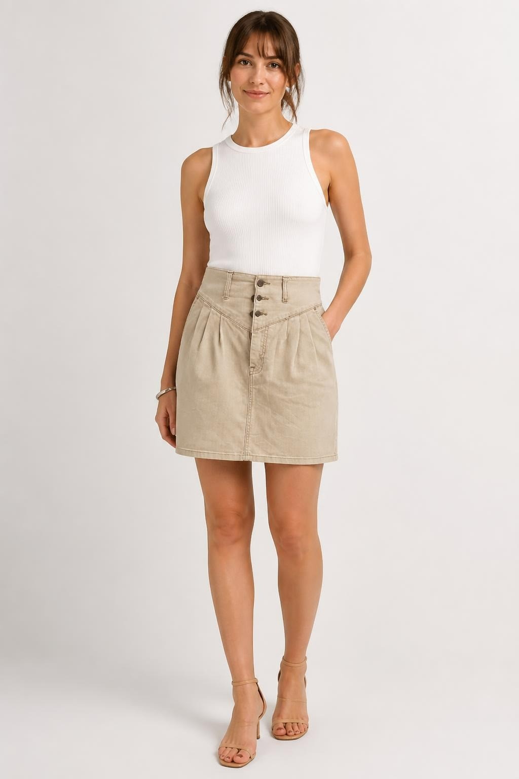 Light Grey Denim Mini Skirt with Buttons - pre-loved at Why Go Less, Lebanon