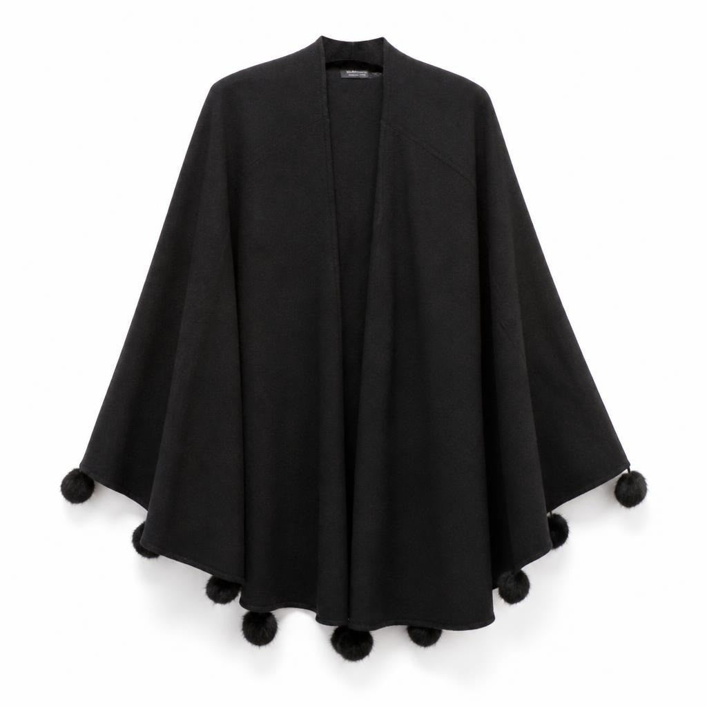 Black Cape Poncho with Pom-pom Trim - pre-loved at Why Go Less, Lebanon