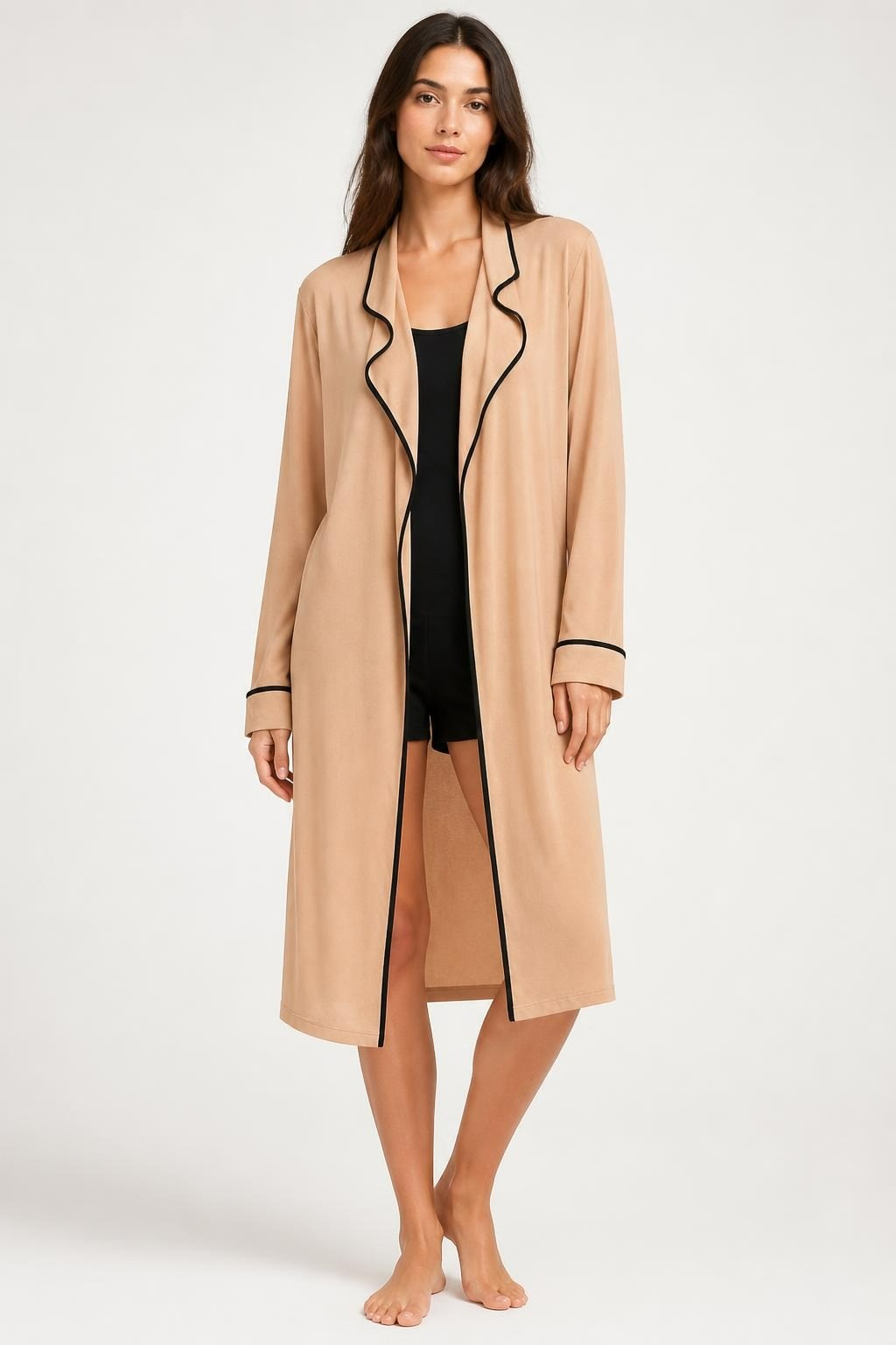 Long Open-front Cardigan Coat, Camel & Black Trim - pre-loved at Why Go Less, Lebanon