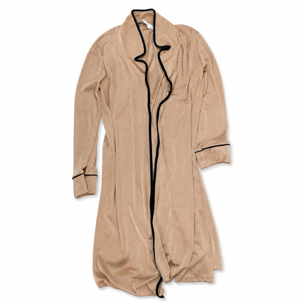 Long Open-front Cardigan Coat, Camel & Black Trim - pre-loved at Why Go Less, Lebanon