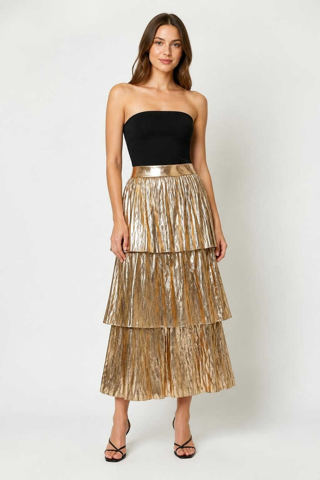 Gold Metallic Tiered Pleated Skirt - pre-loved at Why Go Less, Lebanon
