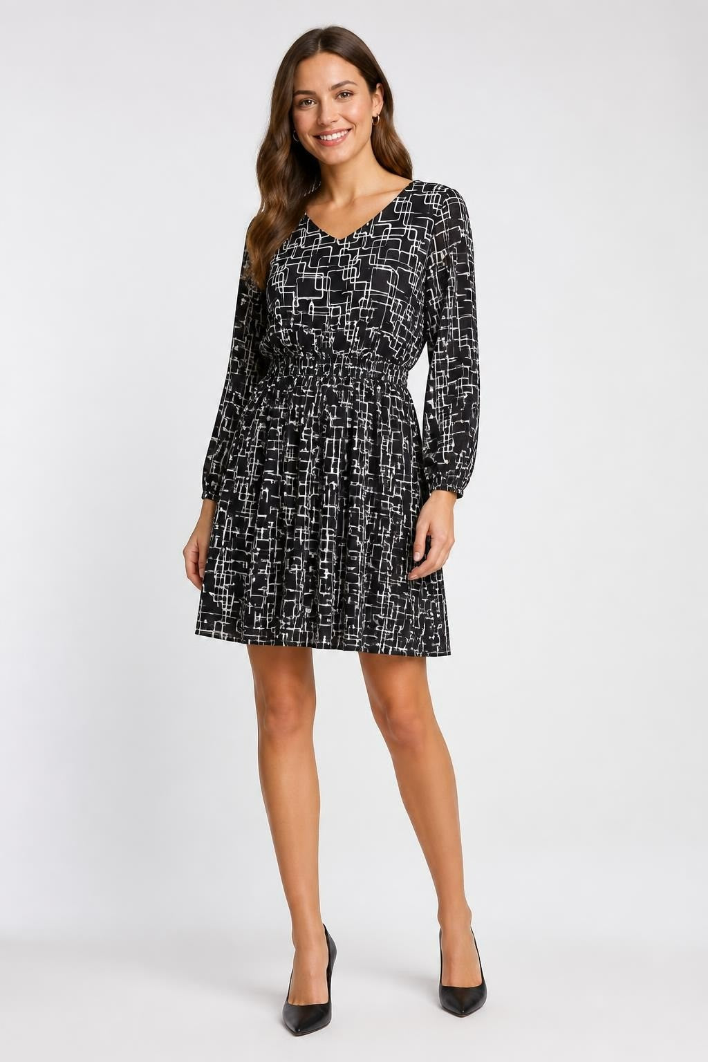 Black & White Geometric Print Mini Dress, L/S - new at Why Go Less, Lebanon