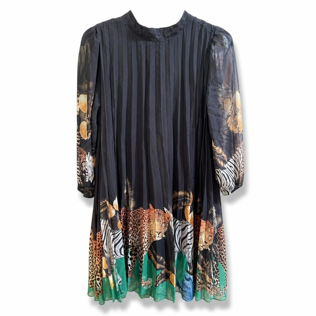 Navy Pleated Chiffon Dress with Animal Border Print - new at Why Go Less, Lebanon