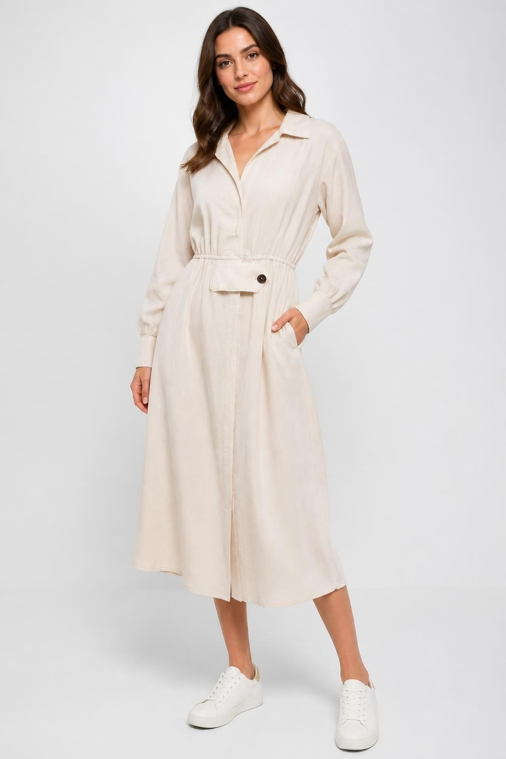 Beige Wrap-style Midi Shirt Dress, New with Tag - new at Why Go Less, Lebanon