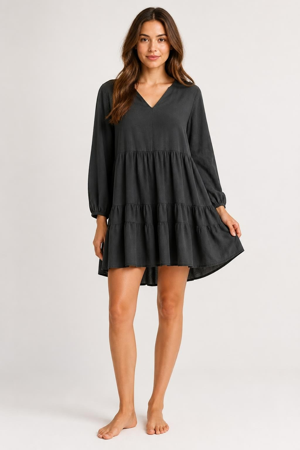 Black Tiered Ruffle V-neck Mini Dress - new at Why Go Less, Lebanon