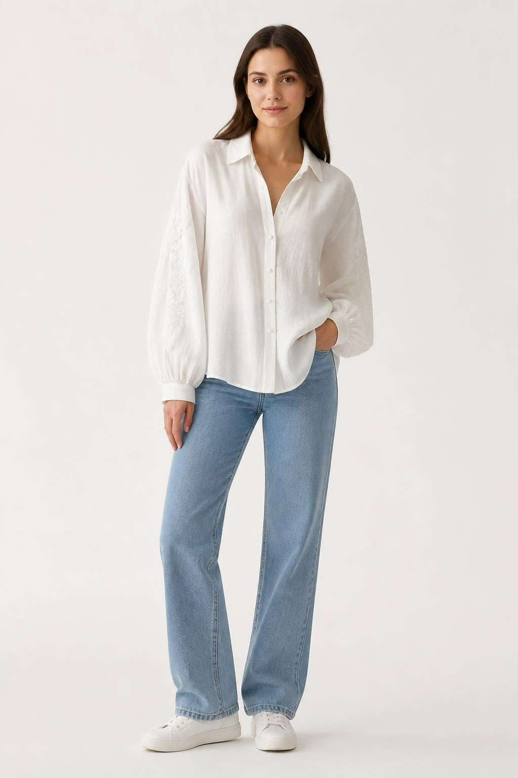 White Embroidered Floral Blouse with Pearl Buttons - new at Why Go Less, Lebanon