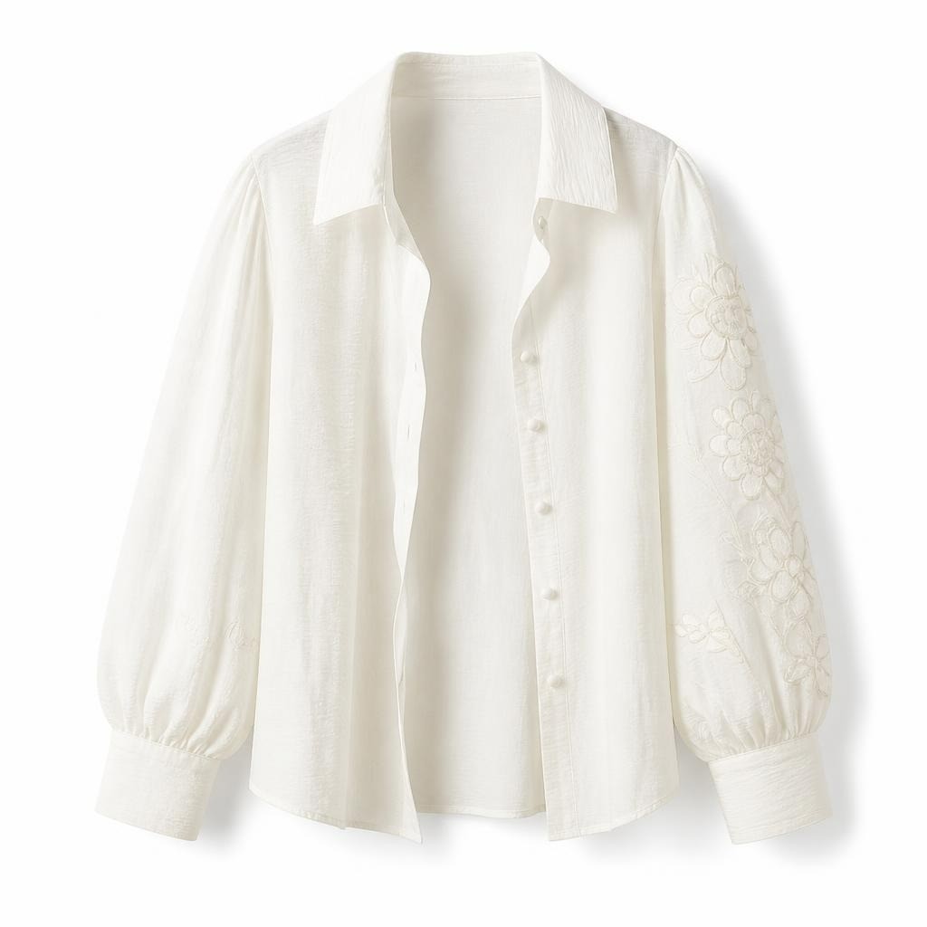 White Embroidered Floral Blouse with Pearl Buttons - new at Why Go Less, Lebanon