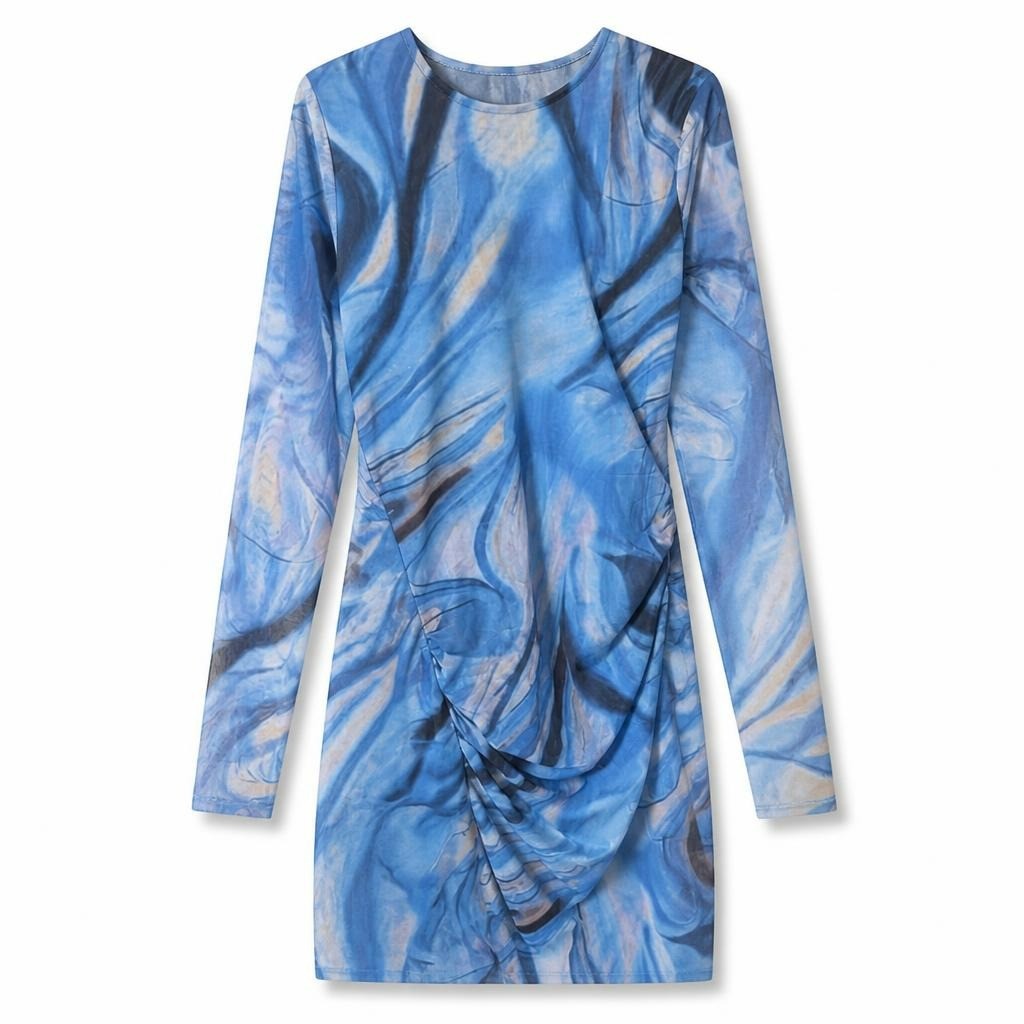 Blue Abstract Print Long Sleeve Dress - at Why Go Less, Lebanon