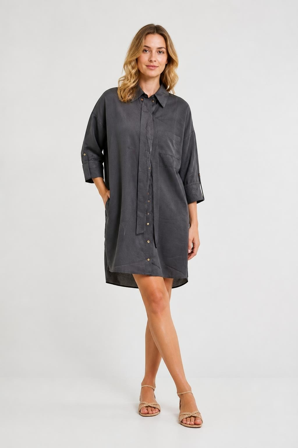 Dark Grey Linen Shirt Gold Buttons - new at Why Go Less, Lebanon
