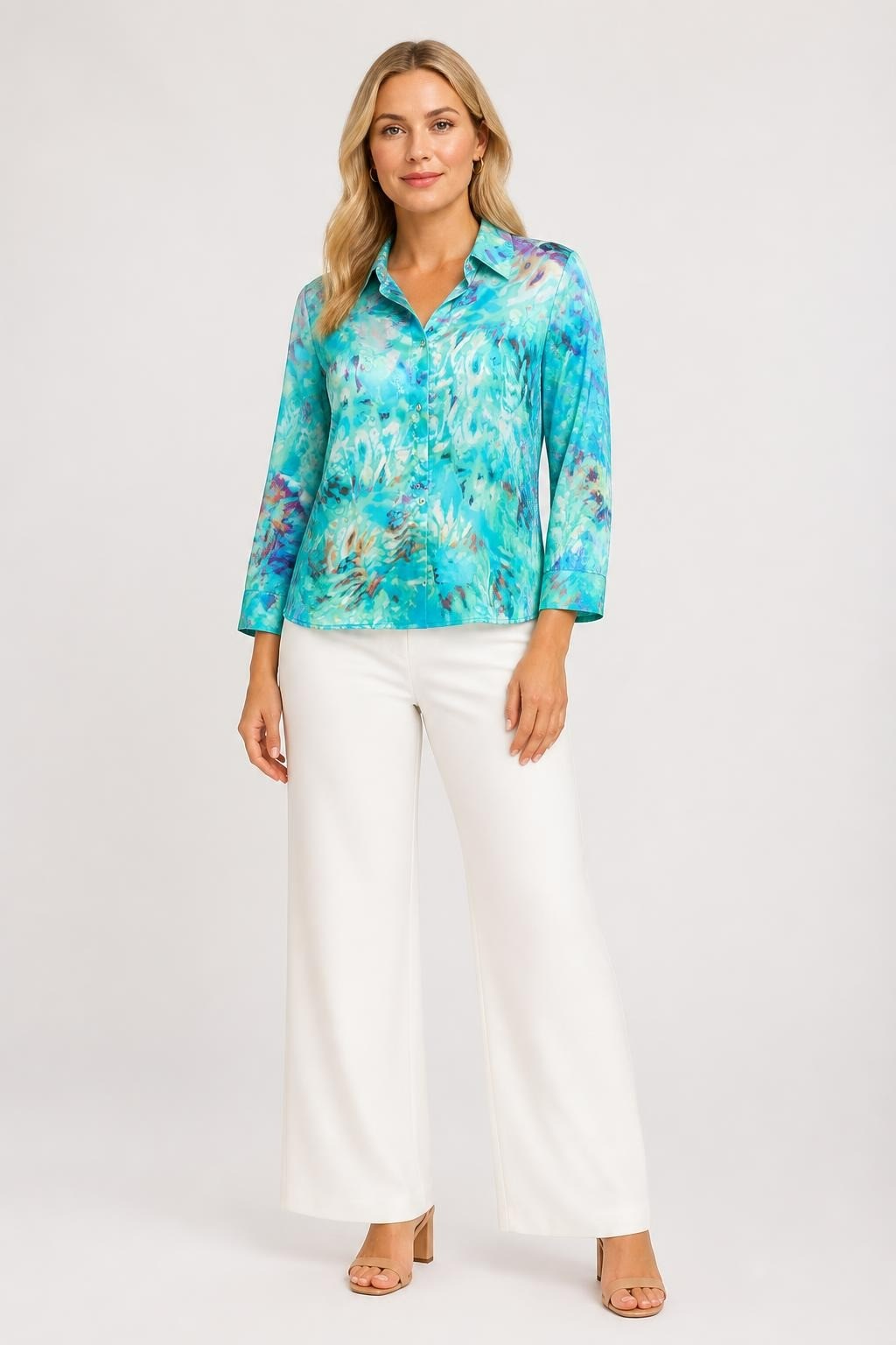 Maestro Teal Abstract Print Satin Shirt - new at Why Go Less, Lebanon