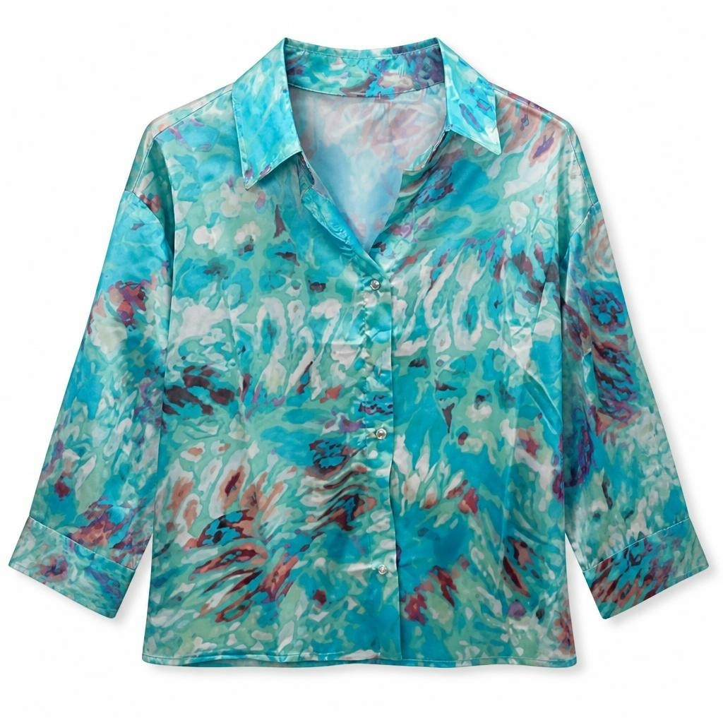 Maestro Teal Abstract Print Satin Shirt - new at Why Go Less, Lebanon