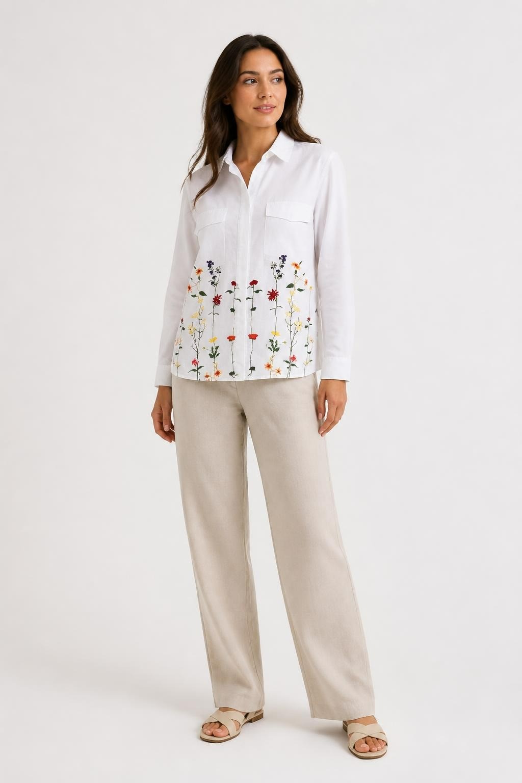 White Cotton Shirt Floral Embroidery Hem Detail - at Why Go Less, Lebanon