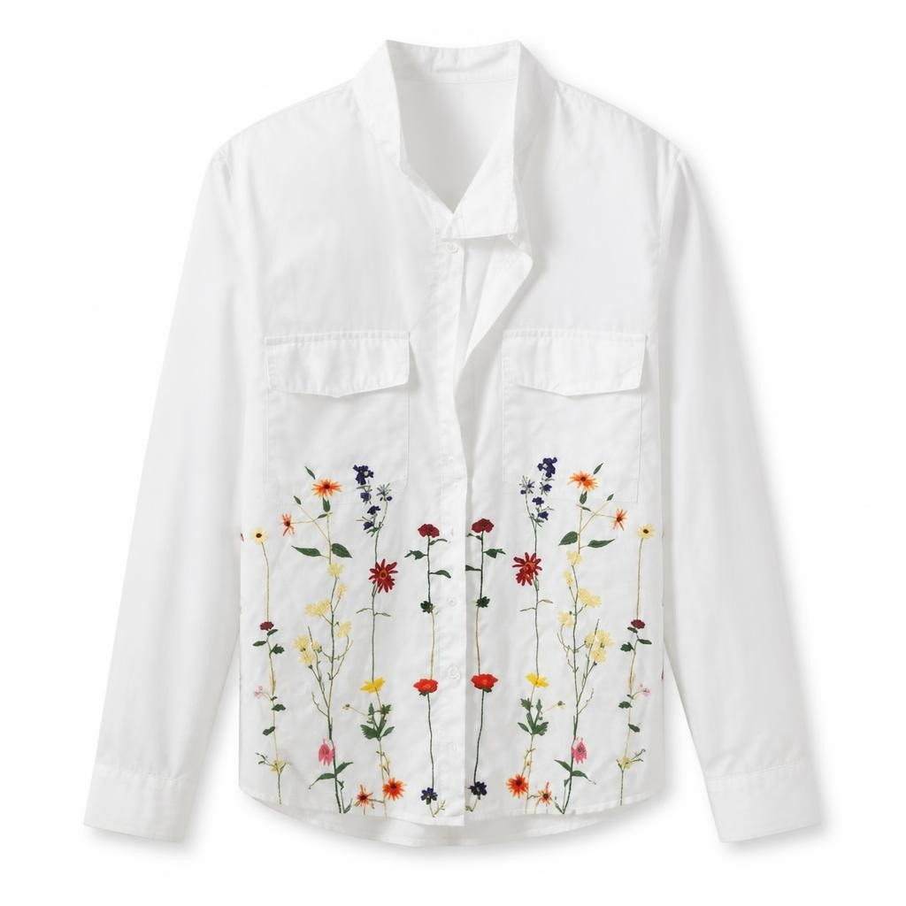 White Cotton Shirt Floral Embroidery Hem Detail - at Why Go Less, Lebanon