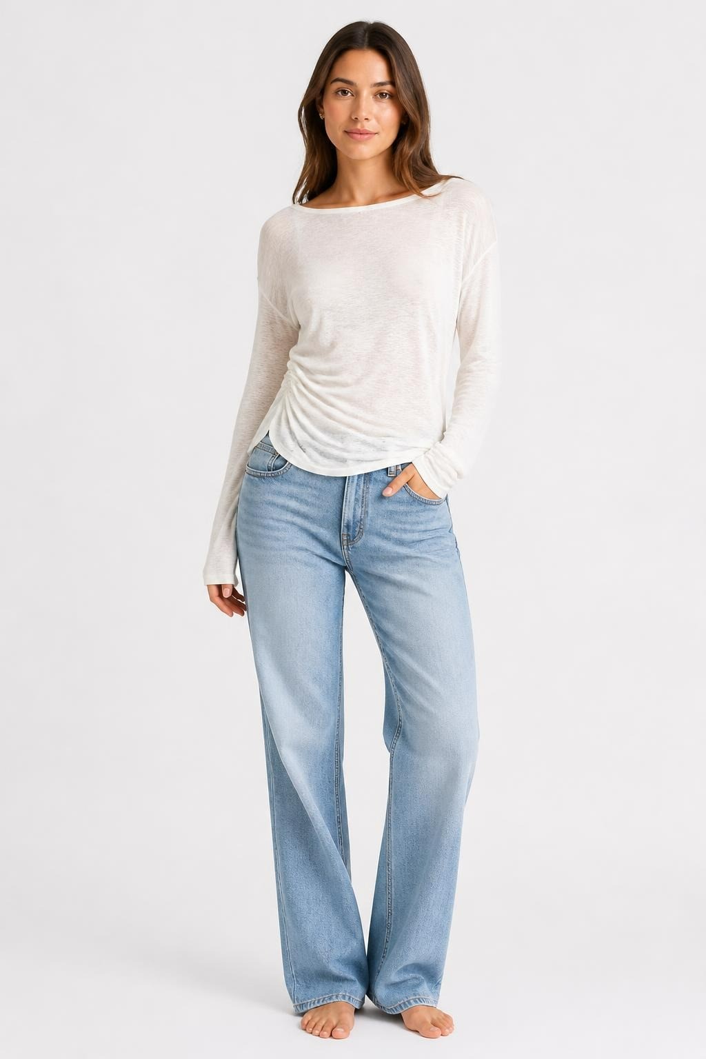 Keep White Sheer Ruched Long Sleeve Top - at Why Go Less, Lebanon