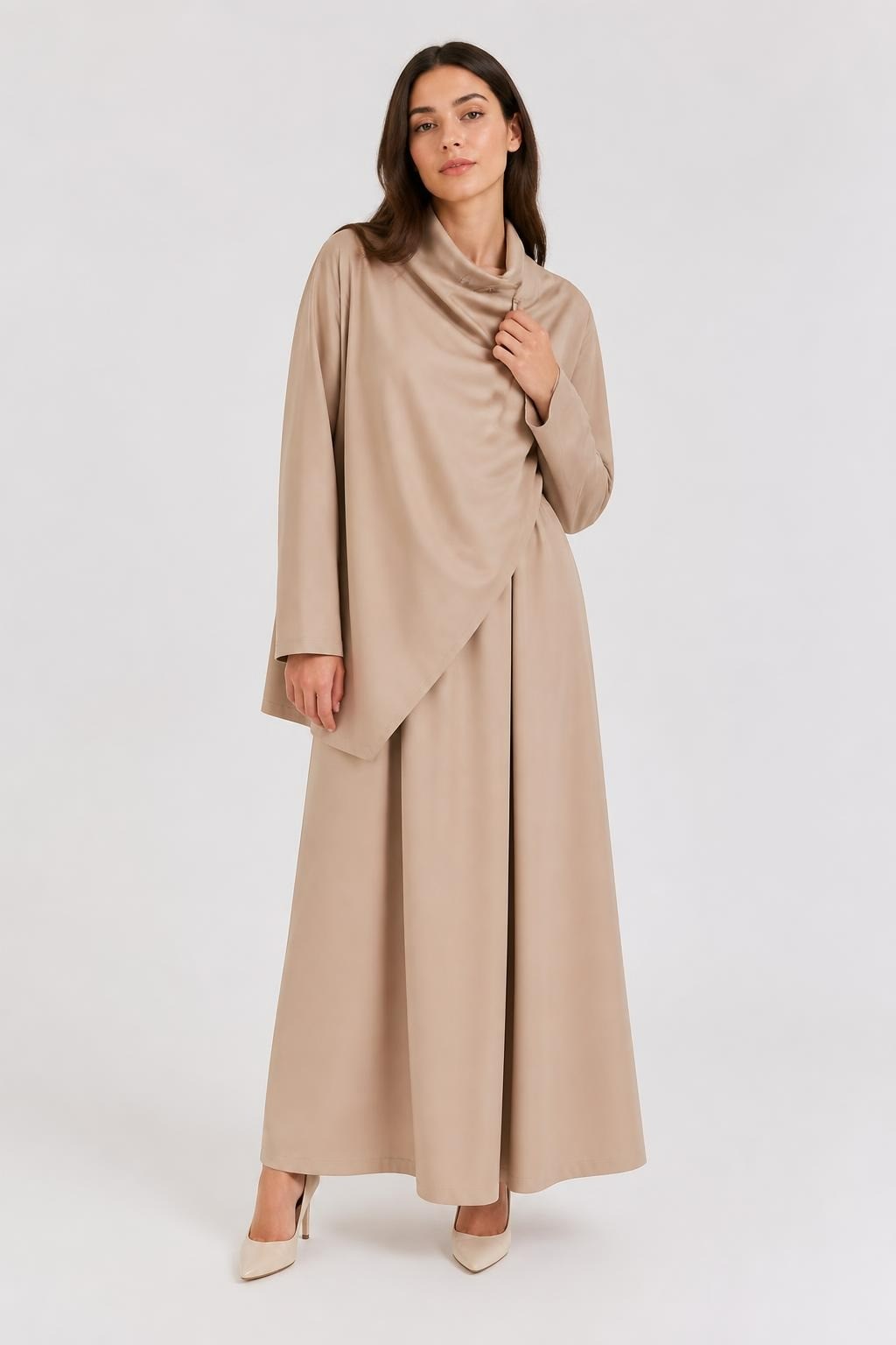 Beige Satin Wide-leg Trousers, Elegant Drape - at Why Go Less, Lebanon
