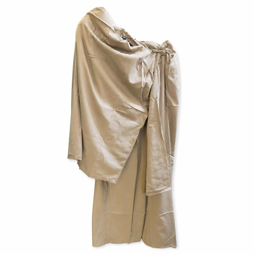 Beige Satin Wide-leg Trousers, Elegant Drape - at Why Go Less, Lebanon