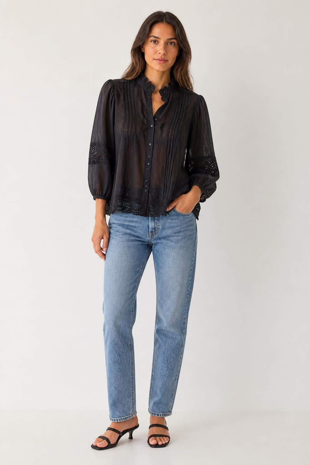 Black Ruffle-collar Lace Trim Button Blouse - at Why Go Less, Lebanon