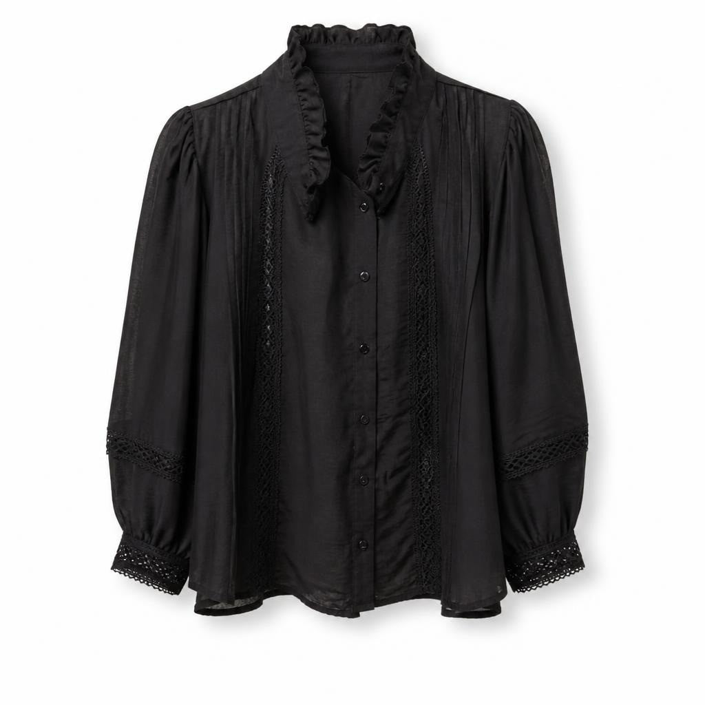 Black Ruffle-collar Lace Trim Button Blouse - at Why Go Less, Lebanon