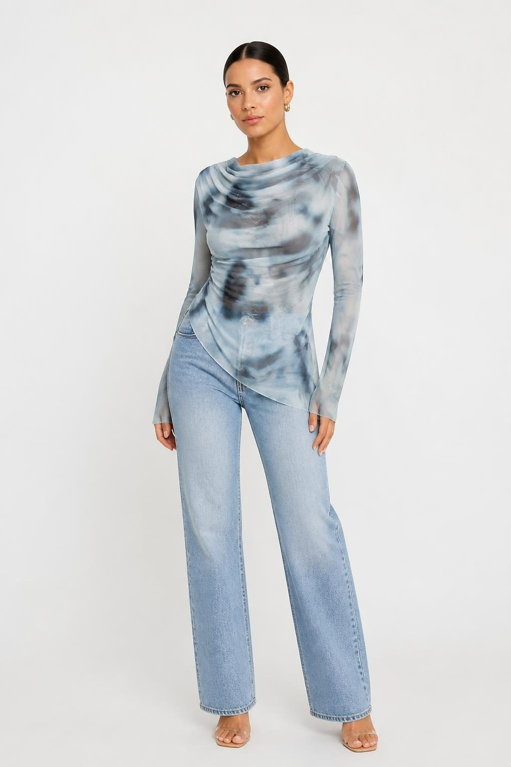 Tie-dye Blue Grey Long Sleeve Draped Top - at Why Go Less, Lebanon