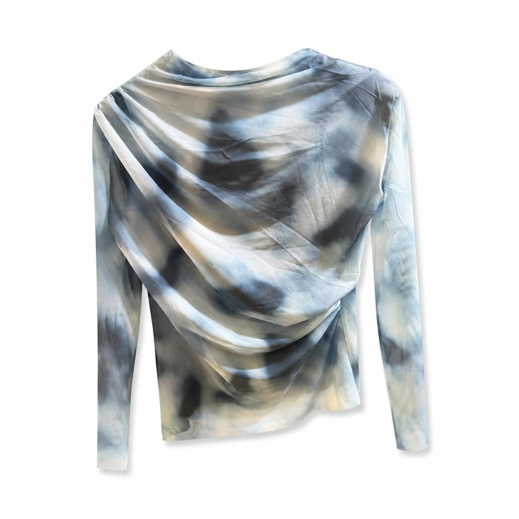 Tie-dye Blue Grey Long Sleeve Draped Top - at Why Go Less, Lebanon