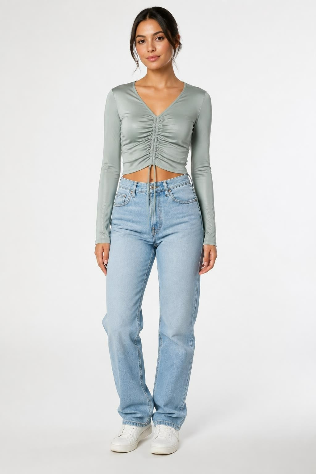 Sage Green Ruched Front Crop Top, Size L - at Why Go Less, Lebanon