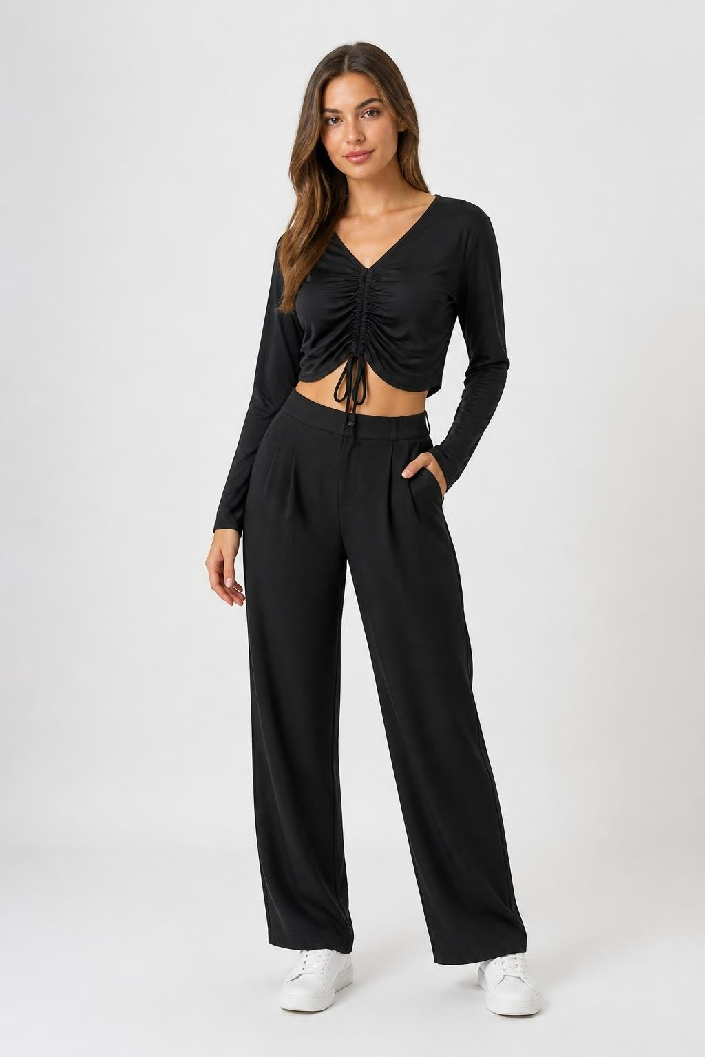 Black Ruched Drawstring Front Crop Top - at Why Go Less, Lebanon