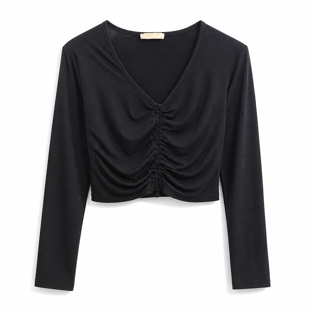 Black Ruched Drawstring Front Crop Top - at Why Go Less, Lebanon
