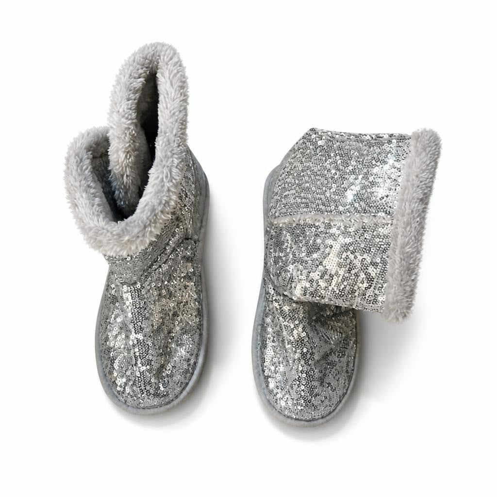 Silver Sequin Fur-trim Snow Boots - pre-loved at Why Go Less, Lebanon
