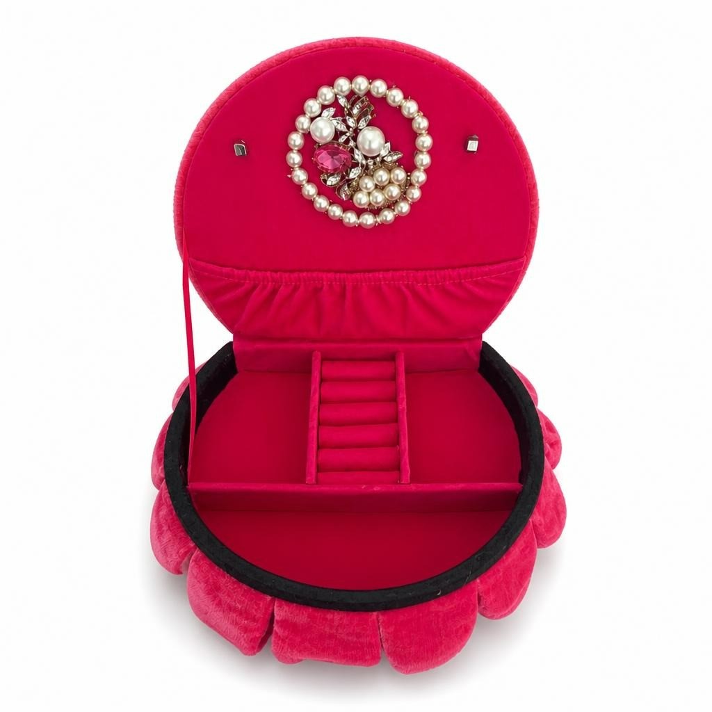 Pink Velvet Round Jewelry Box with Pearls - pre-loved at Why Go Less, Lebanon