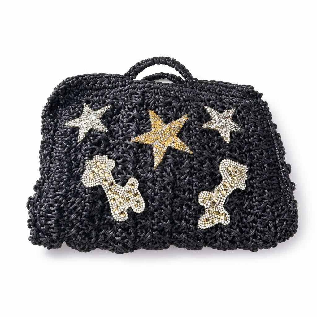 Black Woven Straw Tote Bag with Star Patches - pre-loved at Why Go Less, Lebanon