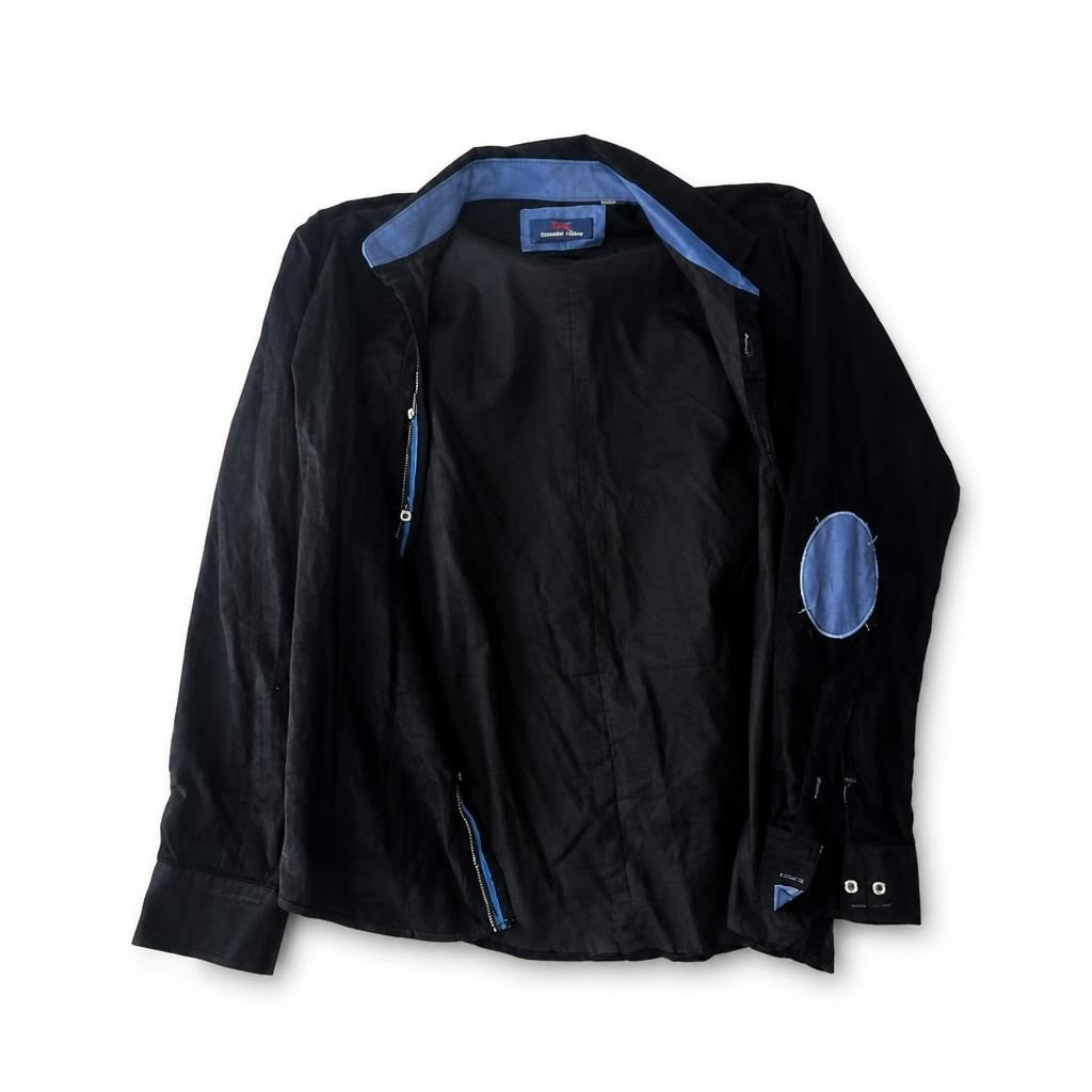 Black Jacket with Elbow Patches and Blue Trim - pre-loved at Why Go Less, Lebanon