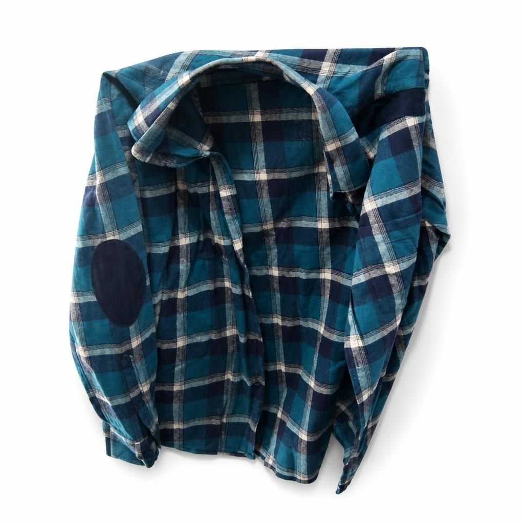 Blue Teal Plaid Flannel Shirt, Elbow Patches - pre-loved at Why Go Less, Lebanon