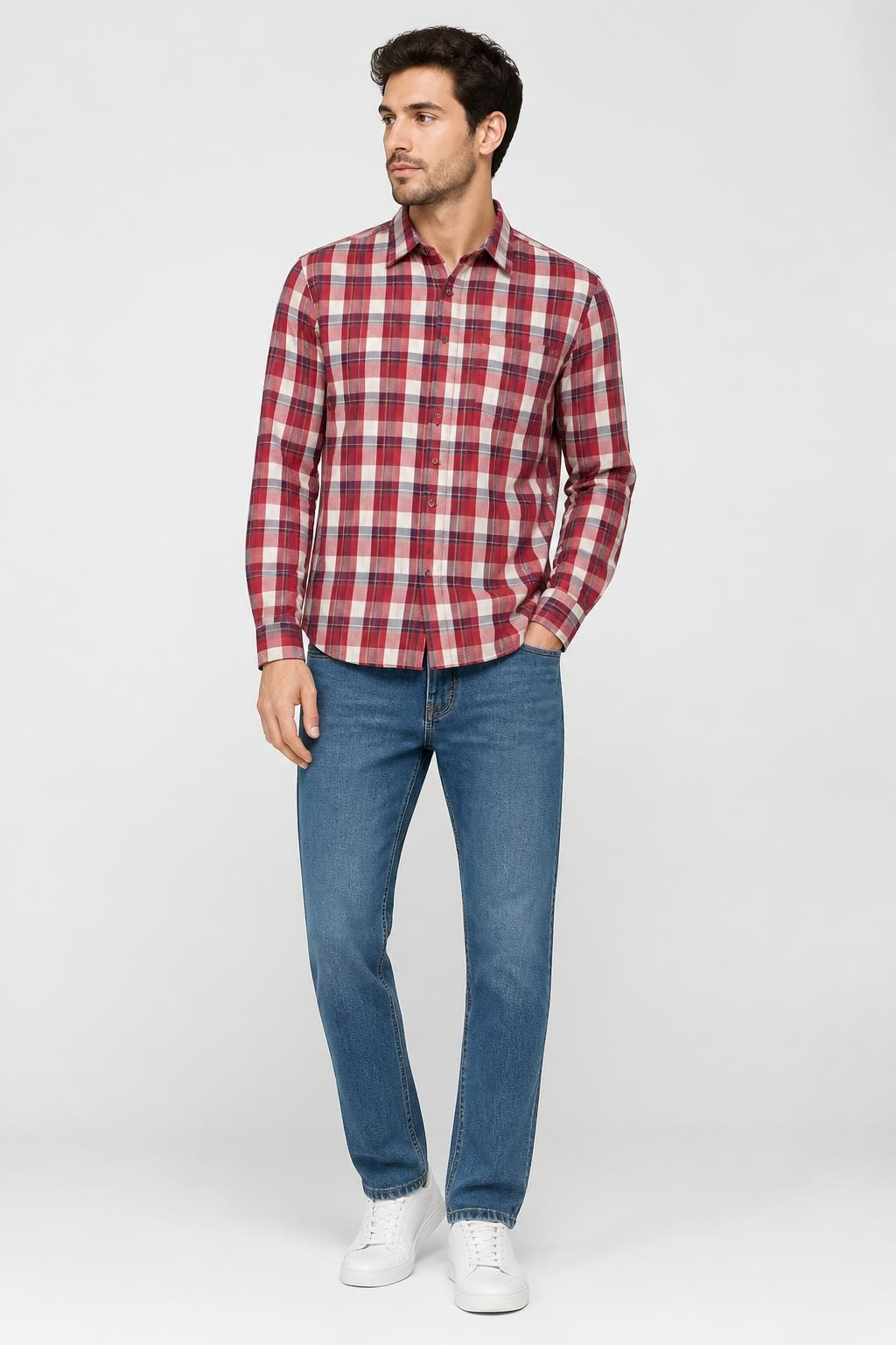 Red Tartan Plaid Flannel Button-up Shirt - pre-loved at Why Go Less, Lebanon