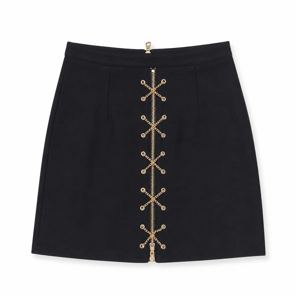 Black Mini Skirt with Gold Zipper & Eyelet Detail - pre-loved at Why Go Less, Lebanon