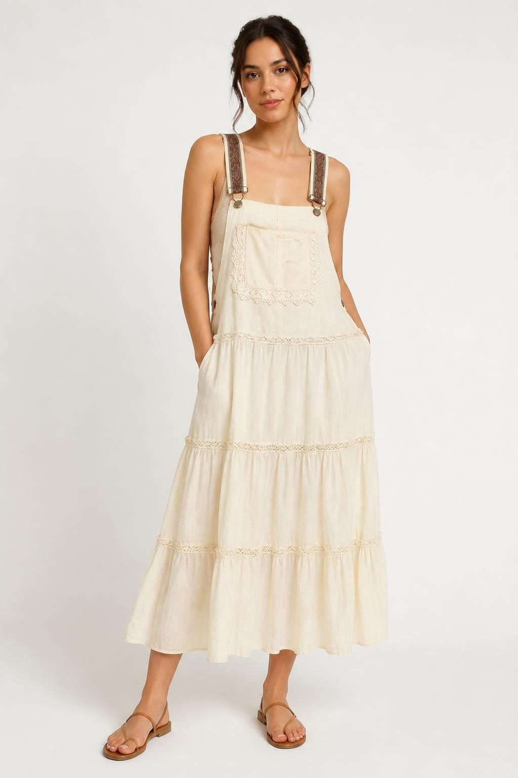 Cream Boho Lace Tiered Dungaree Dress - pre-loved at Why Go Less, Lebanon